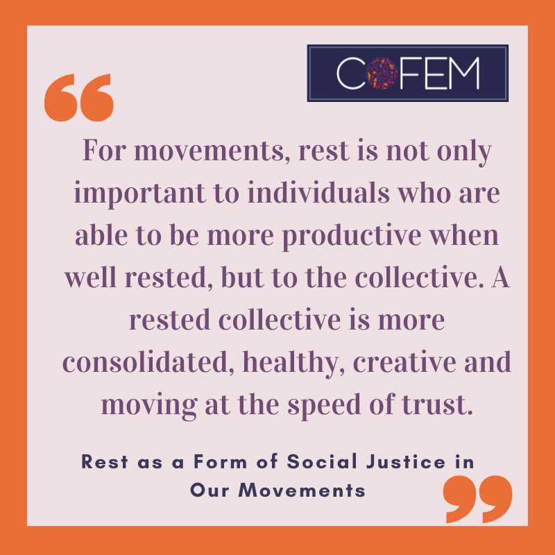 COFEM_EVAW's tweet photo. Have you read - "Rest as a Form of Social Justice in Our Movements" by Lucky Kobugabe and Iris Nxumalo-De Smidt, African Feminists contributing to movement building with @GBVnet and COFEM from the #COFEMBlog yet? 

Read here: https://t.co/IIZ7NudPZT https://t.co/6w8os6H9y7