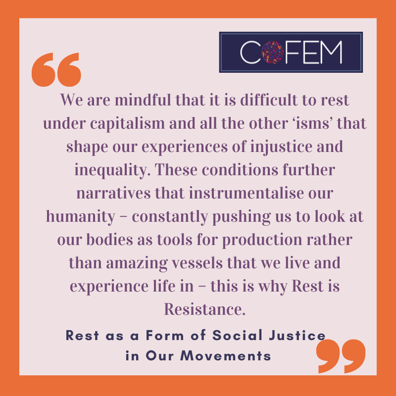 COFEM_EVAW's tweet photo. From the #COFEMBlog! 

"Rest as a Form of Social Justice in Our Movements"

by Lucky Kobugabe and Iris Nxumalo-De Smidt, African Feminists contributing to movement building with @GBVnet and COFEM.

Read here: https://t.co/IIZ7NudPZT https://t.co/gpz38bhepJ