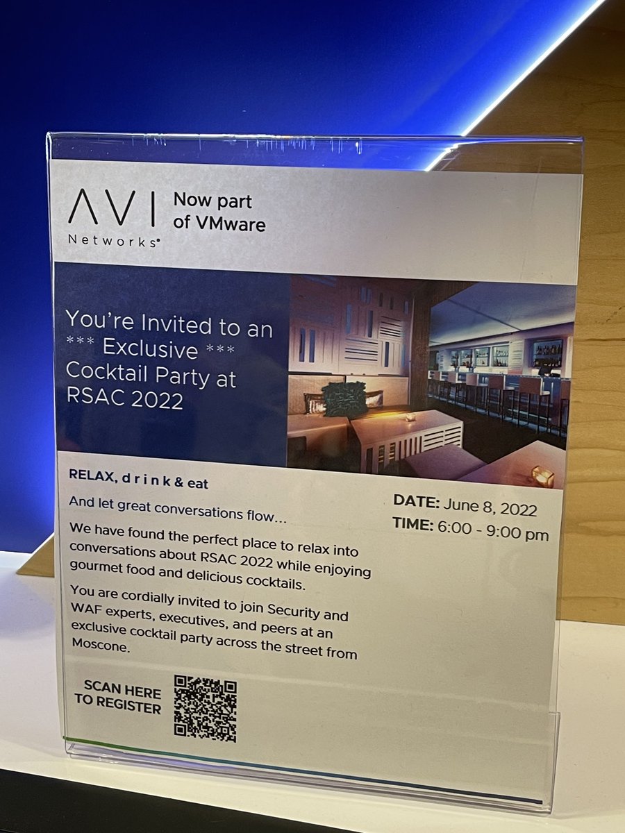Are you at #RSAC? Interested in good drinks and great conversations tonight? Maybe learn about how <a href="/AviNetworks/">VMware Avi Load Balancer</a> and <a href="/VMware/">VMware</a> can protect your apps.  Sign up and show up!