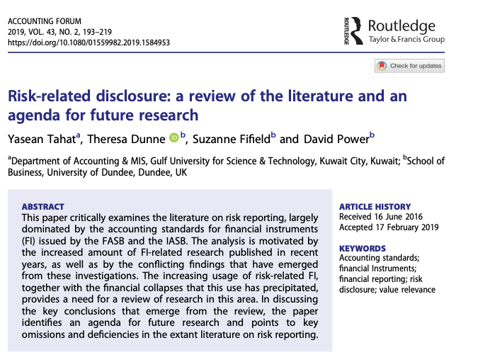 Check out one of the #TopCited papers in <a href="/TandF_AccForum/">Accounting Forum</a>, "#Risk-related disclosure: a review of the literature and an agenda for future research," by Tahat (<a href="/GUST_Official/">GUST</a>), <a href="/DrTheresaDunne/">Dr Theresa Dunne</a> (<a href="/dundeeuni/">University of Dundee</a>), Fifield (<a href="/dundeeuni/">University of Dundee</a>) and Power (<a href="/dundeeuni/">University of Dundee</a>)

tandfonline.com/doi/full/10.10…