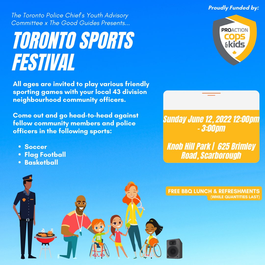 The Good Guides would like to invite everyone to another Toronto Sports Festival this Sunday at Knob Hill Park. 

Come out with the entire family and spend the day with local community members and officers playing various sports and activities. 

#Community