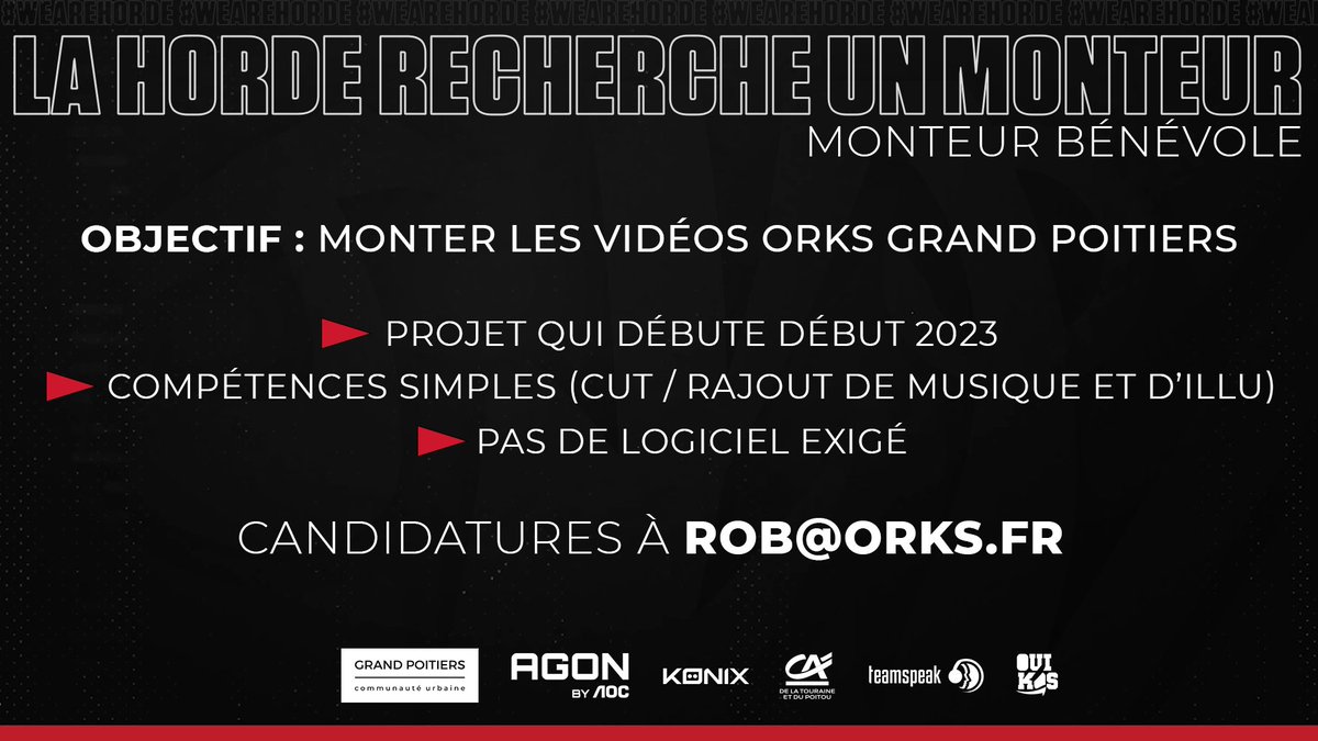 ➡️La Horde a besoin de vous !

Nous cherchons un monteur bénévole pour monter les vidéos pour notre chaîne YouTube et pour l'association ! 🙌

N'hésitez pas à envoyer vos candidatures à <a href="/Rob_orKsGP/">Rob</a> ou à rob@orks.fr ! 🗳️

🔄Un maximum de partage svp ! #WeAreHorde