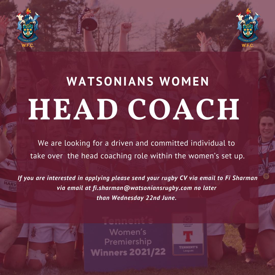 VACANCY - WOMEN'S XV HEAD COACH 🏉🏉 You might talk a good game but can you coach it? Join Watsonians as the new Head Coach for the current @TennentsLager Premiership Champions. Find out more here: tinyurl.com/ycyap3rj #Watsonians #WomensRugby #Coaching