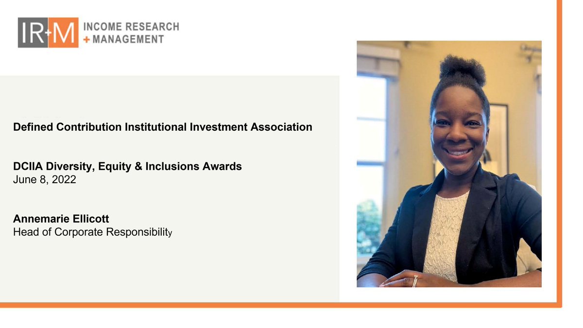 Annemarie Ellicott, Head of Corporate Responsibility at IR+M, is being honored as a Rising Star at the <a href="/DCIIA_News/">Defined Contribution Institutional Investment Assn</a> DE&amp;I Awards dinner on Wednesday, June 8. Congratulations, Annemarie, from everyone at IR+M! #bondwithus