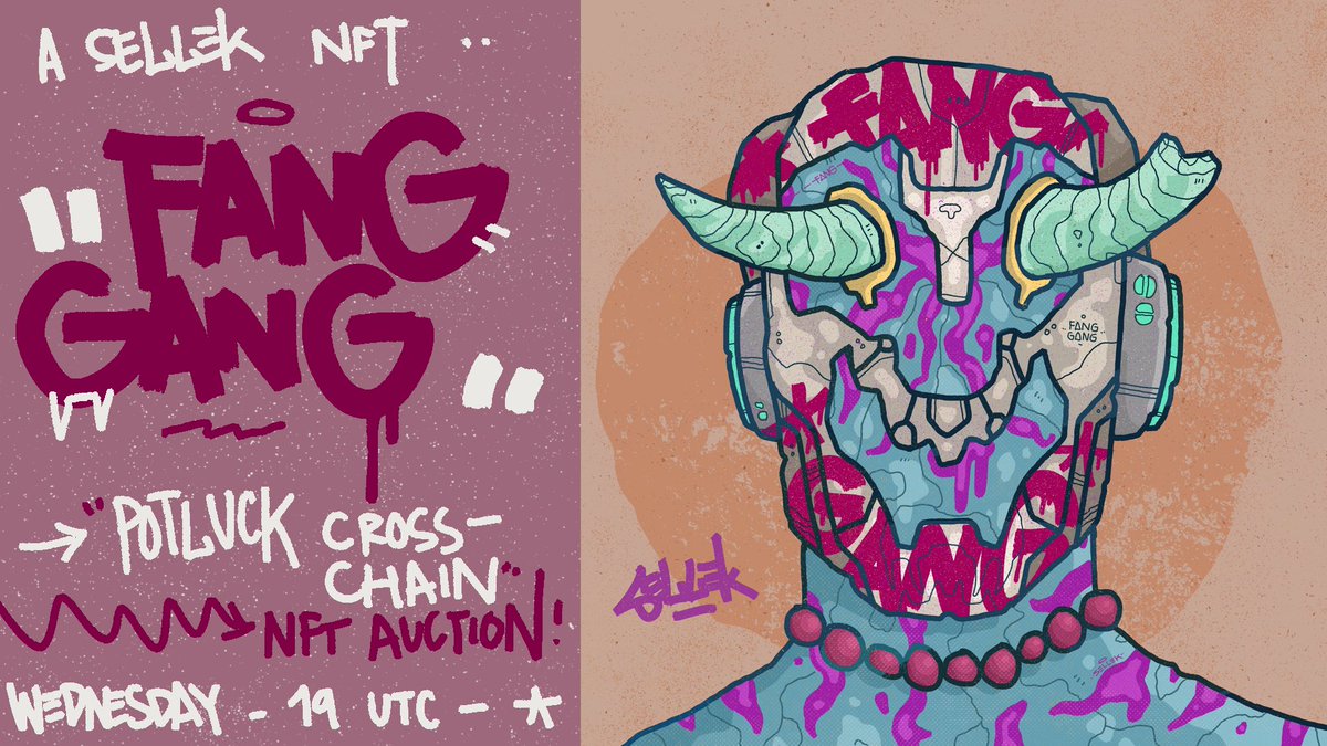 I will be making my debut at @PotluckProtocol cross-chain NFT auction tonight! 

"FANG GANG" by SELLEK

Eyeless one is the most fearless leader of the entire Fang Gang commander squad. He needs no vision to see the battlefield, but everyone can see his prowess.