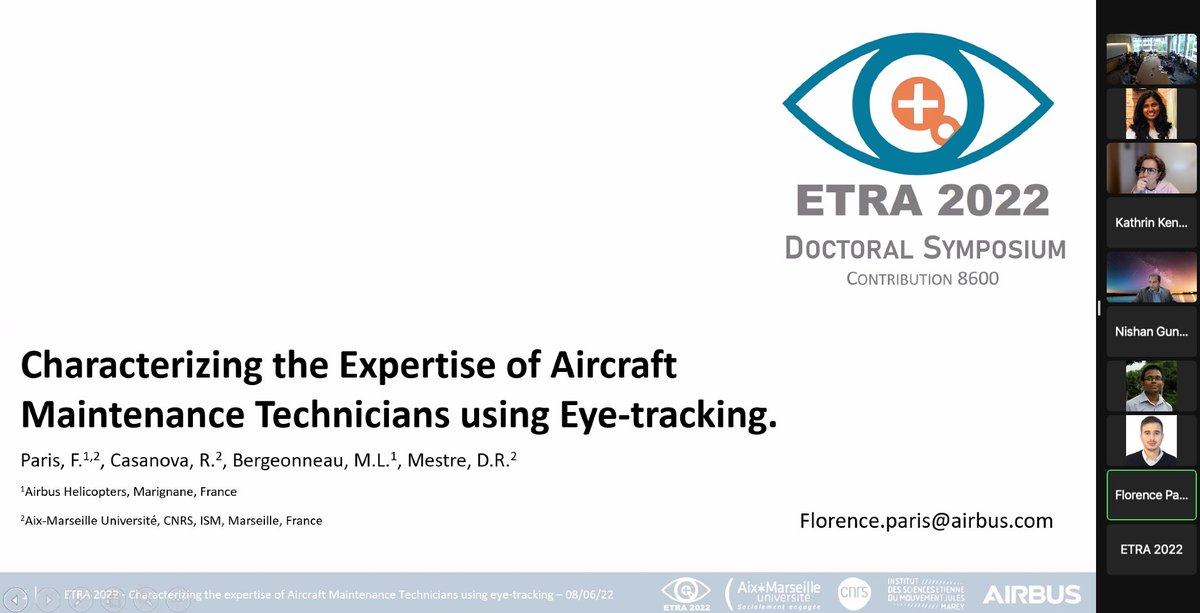 Gavindya2's tweet photo. @Yasasi_Abey @ETRA_conference @seattlechildren @Google @OpenMaze Doctoral symposium attendee, Florence Paris from @Airbus @ISM_amu_cnrs @univamu presenting her doctoral research titled, "Characterizing the expertise of Aircraft Maintenance Technicians using eye-tracking" #ETRA2022 https://t.co/adKjqJBdLj