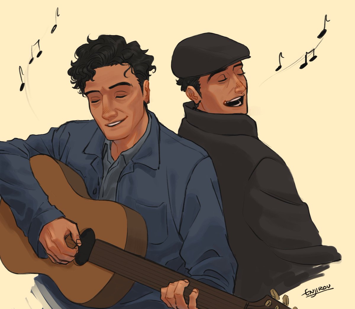 「スティーヴンはギターを弾けるかもしれない。
ジェイクは機嫌が良い時は一緒に歌って」|￥次郎のイラスト