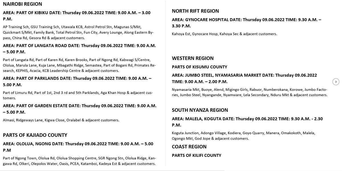 KenyaPower_Care's tweet photo. Good evening. The following areas will be affected by scheduled power interruptions tomorrow 09.06.2022. ^DO https://t.co/UGiINraxPl