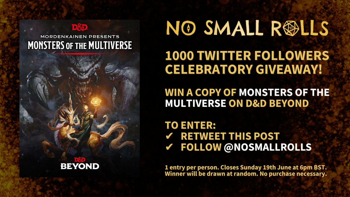 🎉 To celebrate hitting 1000 followers it's #giveaway time! 🎉

Win a copy of Monsters of the Multiverse on <a href="/DnDBeyond/">D&D Beyond</a> 

To enter:
✔️ Retweet this post
✔️ Follow <a href="/nosmallrolls/">No Small Rolls</a> 

1 winner drawn at random on Sun 19th June 6pm BST. No purchase necessary

#dnd #ttrpg #ttrpgfamily #5e