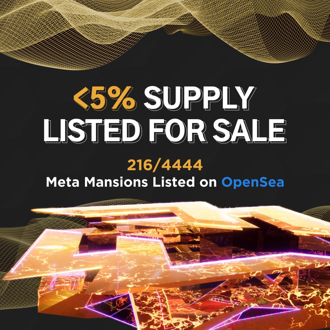 Out of 4,444 #MetaMansions, only 216 are currently listed for sale which corresponds to less than 5% of the total collection, a metric we are extremely proud of 🔐 

It pays to hold 👀 July 18th 2022 all holders will be airdropped an additional Meta Mansion for every they hold 🪂