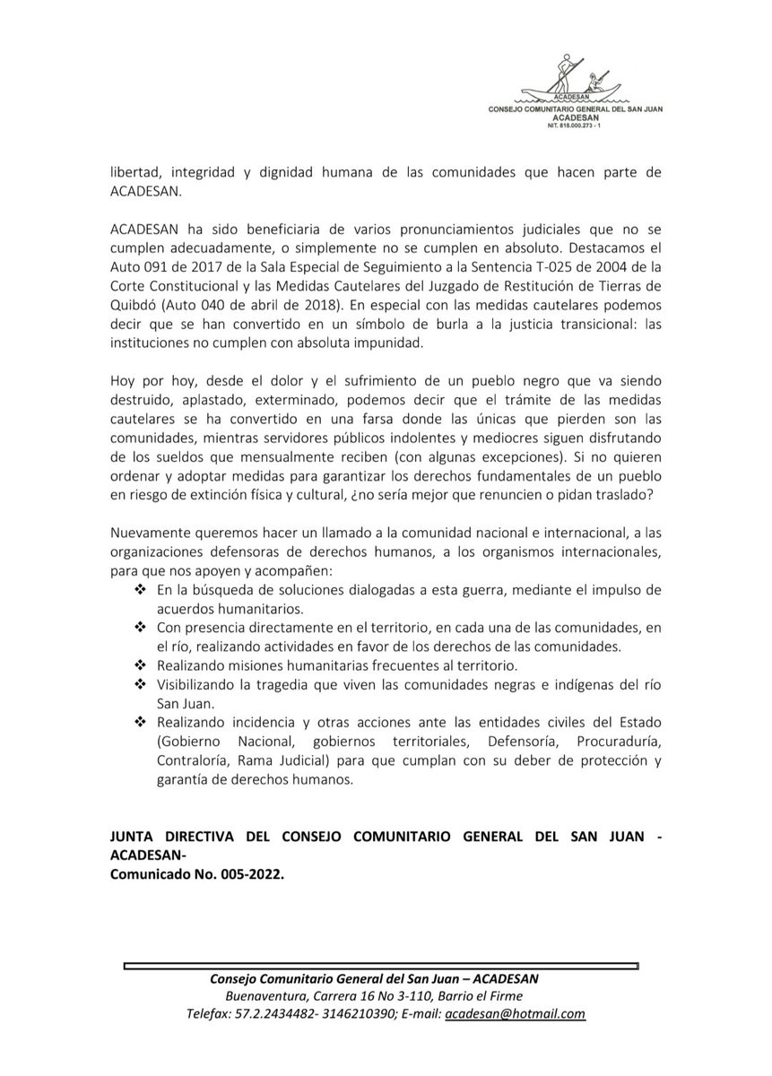 ACADESAN's tweet photo. 🏳️🎙️🎙️ #ACADESAN Comunicado público
Rechazamos asesinato de lideresa de la comunidad de Noanamá. 8/6/2022
"En la Guerra perdemos todos y todas: siempre"
Nuestras condolencias y solidaridad con la familia de doña Tuta y a las comunidades del Río San Juan. https://t.co/q3oAnRld9Y