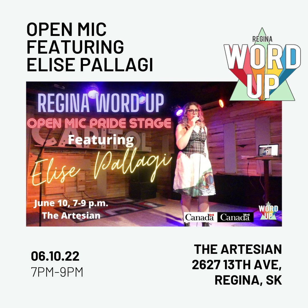 We've got another Regina Word Up Open Mic happening this Friday at 7pm! 
Bring your favourite words or new words or old words or made up words and get five minutes of stage time to share! All ages welcome! Free if you perform!
This week's feature poet is Elise Pallagi!