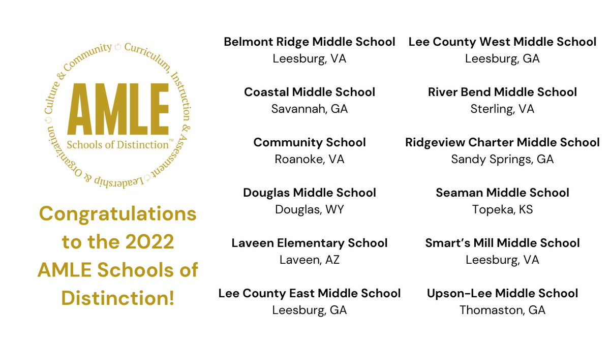 AMLE's tweet photo. Today AMLE announced 12 schools that have been named inaugural 2022 AMLE Schools of Distinction. Congratulations! We look forward to celebrating each school in the coming months.
Press release: https://t.co/2ruQVRQddb
About Schools of Distinction: https://t.co/hXVFetdrID https://t.co/Z991RiStCa