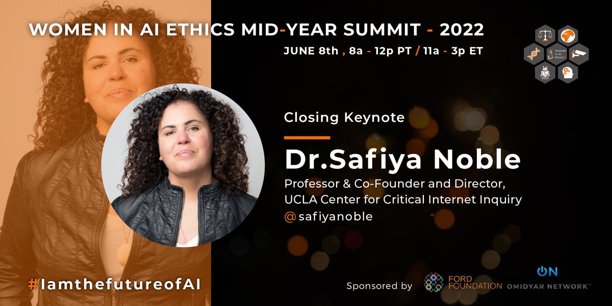 So excited for the fireside chat with the one and only @safiyanoble, whose book Algorithms of Oppression inspired my PhD journey on algorithmic gender bias 🙏 #IAmTheFutureOfAI 
Coming up next <a href="/WomeninAIEthics/">Women in AI Ethics™</a> summit!
