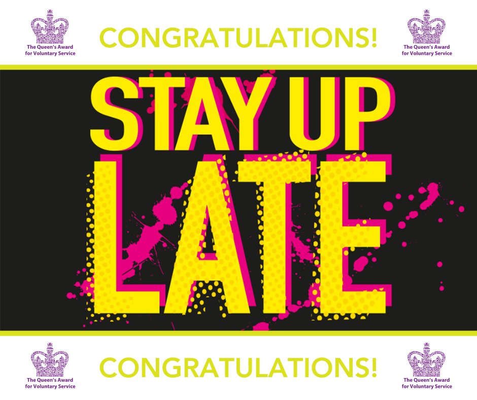 Wow!

Big congratulations to <a href="/StayUpLateUK/">Stay Up Late</a> who have been awarded The Queen’s Award for Voluntary Service!

Well deserved recognition for all they do to help people with learning disabilities lead great social lives through the @GigBuddiesMH project and more.

👏👏👏 #Volunteer