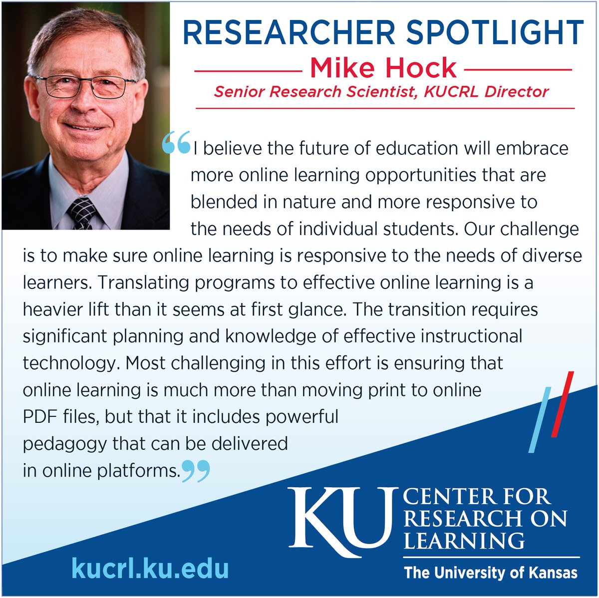 Meet our team! Have any of you had the pleasure of meeting our wonderful Director? He's been with KUCRL since 1990. 
Visit our website to learn more about our wonderful Director, Mike Hock! kucrl.ku.edu/behind-our-res…
#KU #kucrl #creatingsolutions #meettheteam