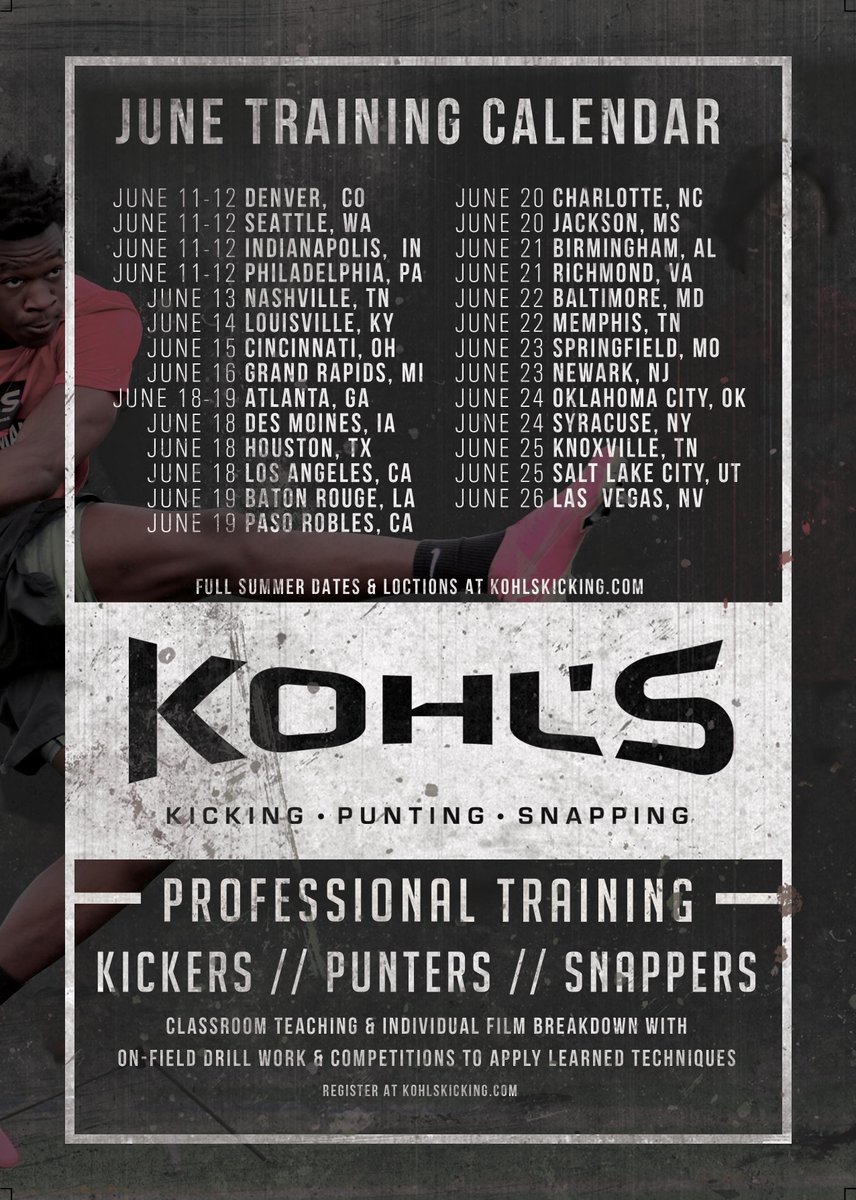 Our staff is hitting the road for a HUGE month of training camps across the country.

Join our staff and other high school kickers, punters, and long snappers in your area for professional coaching and competitions! #KohlsTraining

➡️ Register: kohlskicking.com/camps