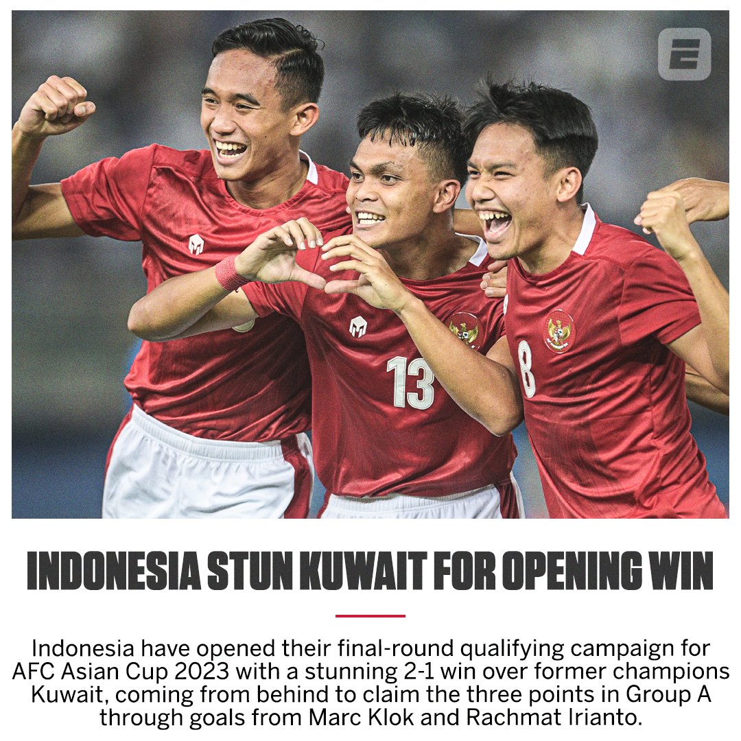 What a result!

🇮🇩 Indonesia are off to a winning start in the <a href="/afcasiancup/">#AsianQualifiers</a> final-round qualifiers after coming from behind to beat 1980 champions 🇰🇼 Kuwait! #ACQ #AsianCup #AsianCup2023
