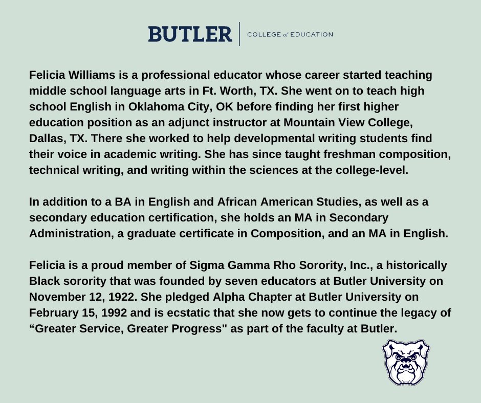 We are thrilled to announce that Ms. Felicia Williams will join <a href="/butleru/">Butler University</a> COE in the fall, teaching COE courses and in the First Year Seminar (FYS) in the Core Curriculum.  Welcome, Felicia!