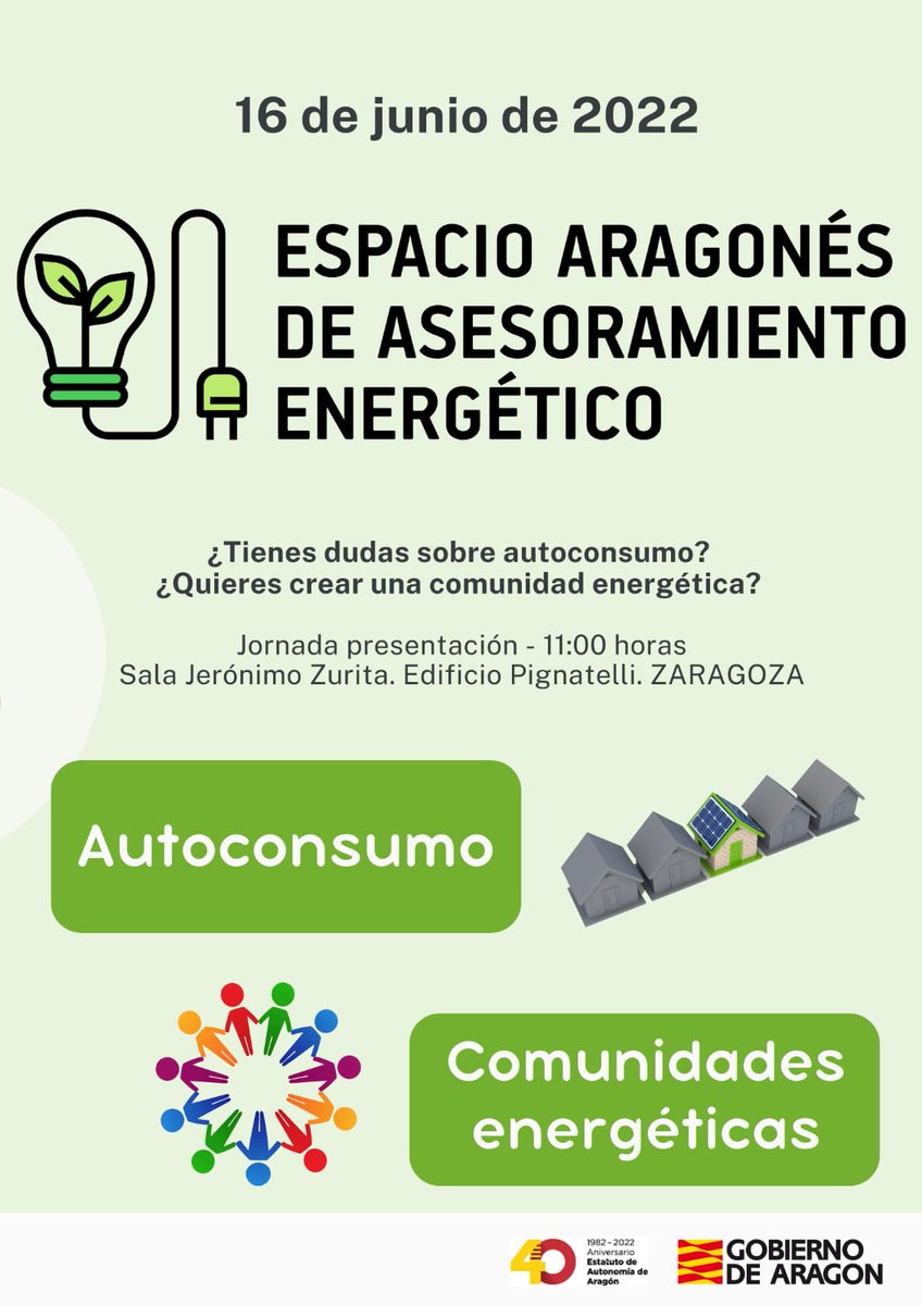 16 de junio, presentación del espacio de asesoramiento energético de la DG de Cambio Climático y Educación Ambiental del <a href="/GobAragon/">Gobierno de Aragón</a> dedicado a orientar e informar sobre comunidades energéticas y autoconsumo.