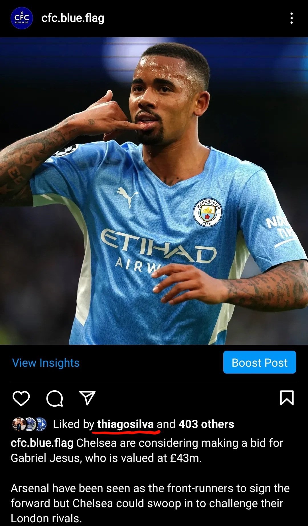 Chelsea Defender Silva Likes Instagram Post Linking Gabriel Jesus To Stamford Bridge Daily Mail Online