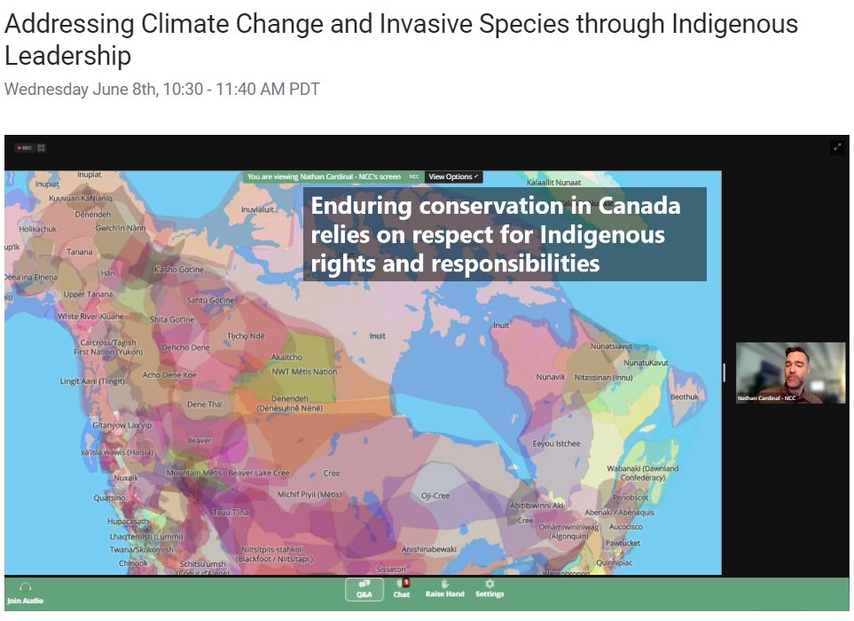 ISCBC's tweet photo. "The success of conservation in Canada relies on collaboration with the Indigenous Nations who have always been stewards of these lands." - Nathan Cardinal from @NCC_CNC presenting at #ISCC2022 https://t.co/lNLm1RsRzv