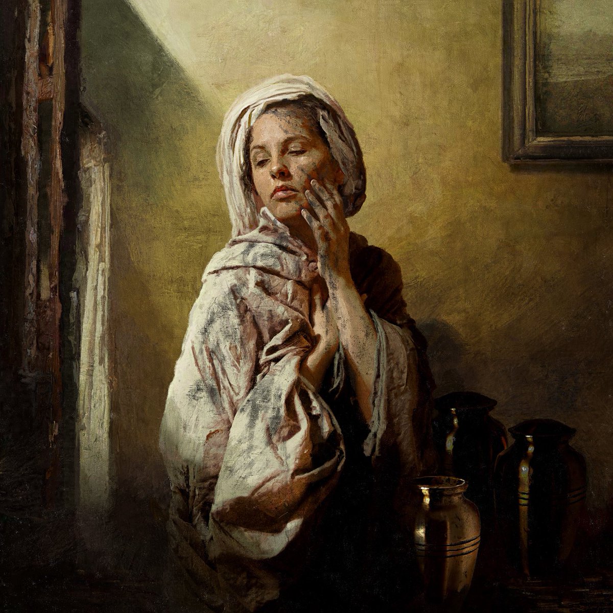 DarkEarthMetal's tweet photo. #ArtHistory lesson #2 
Our special guest artist, #EliranKantor cites the 17th century Dutch painter #Vermeer as a key influence in his work. This unsettling, powerful artwork for @Official_MDB is a classic example 
#DarkEarth #MyDyingBride https://t.co/8RIMSMBpAf