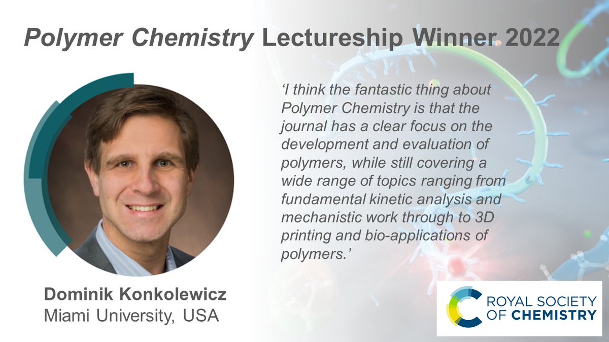 Polymer Chemistry (@polymchem) on Twitter photo We are delighted to announce that Dominik Konkolewicz has been awarded the 2022 Polymer Chemistry Lectureship! @PolyKonkol <a href="/konkolgroup/">Konkolewicz Polymer Group</a>.#RSCLectureship
Find out more about Dominik on our blog
rsc.li/3O4mX1g We are delighted to announce that Dominik Konkolewicz has been awarded the 2022 Polymer Chemistry Lectureship! @PolyKonkol <a href="/konkolgroup/">Konkolewicz Polymer Group</a>.#RSCLectureship
Find out more about Dominik on our blog
rsc.li/3O4mX1g