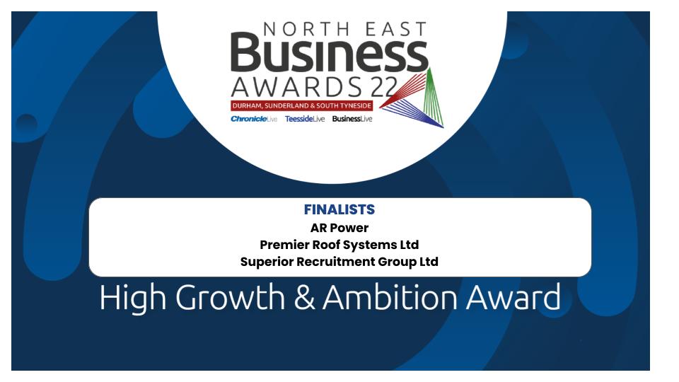 North East Business Awards (@nebizawards) on Twitter photo Best of luck to our High Growth & Ambition Award finalists at the Durham, Sunderland & S Tyneside heat tomorrow:
<a href="/ARPower/">AR POWER</a>
<a href="/PremierRoofSys/">Premier Roof Systems</a>
<a href="/LtdSuperior/">Superior Industries ltd</a>
And huge thanks to category sponsor <a href="/Maven_NorthEast/">Maven North East</a>  👏
#NEBizAwards Best of luck to our High Growth & Ambition Award finalists at the Durham, Sunderland & S Tyneside heat tomorrow:
<a href="/ARPower/">AR POWER</a>
<a href="/PremierRoofSys/">Premier Roof Systems</a>
<a href="/LtdSuperior/">Superior Industries ltd</a>
And huge thanks to category sponsor <a href="/Maven_NorthEast/">Maven North East</a>  👏
#NEBizAwards
