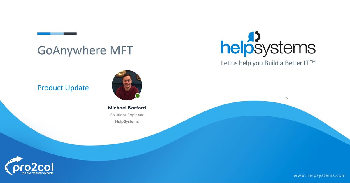 pro2colgroup's tweet image. For the last session of our #UserGroup before the Q&amp;amp;A session, Michael Barford of #HelpSystems is giving an outline of the strategic direction of GoAnywhere 7.0 and beyond. #Roadmaps #ITSolutions #applications #MFT