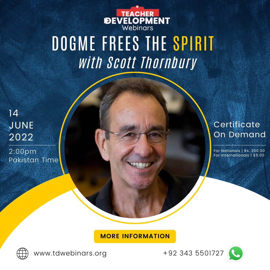 TDWebinars's tweet photo. Join us on
📆 June 14
⏰ 2PM Pakistan Time
@TDWebinars with @thornburyscott
Register here: https://t.co/peIvL74KRl
YouTube LIVE: https://t.co/Uer24M9Ewv
#TDWebinars #TeacherDevelopment #ProfessionalDevelopment #CPD #Dogme #TeachingUnplugged #TeachingMethods #TeachingApproaches https://t.co/nE0eURp5Yv