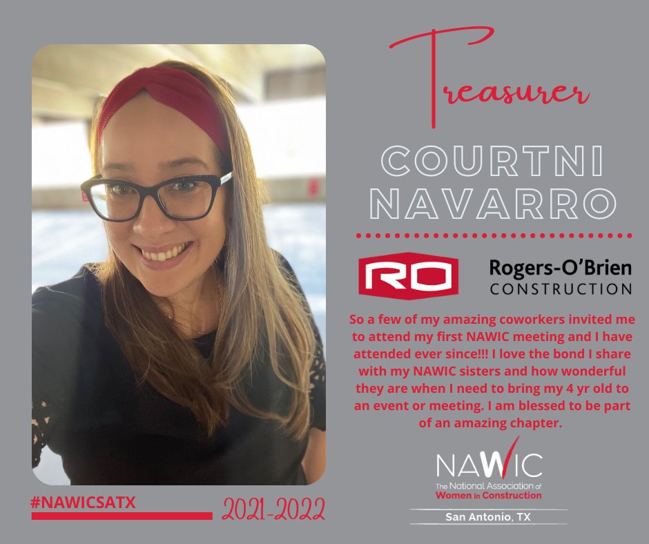 WIC Wednesday Spotlight - Meet Treasurer Courtni Navarro, Receptionist at Rogers-O'Brien Construction

She is super excited to be the 2022/2023 NAWIC San Antonio Texas Treasurer!!!

#wicwednesday #buildingleaders #womeninconstruction2022 #womeninconstruction #ROfamily #ROproud