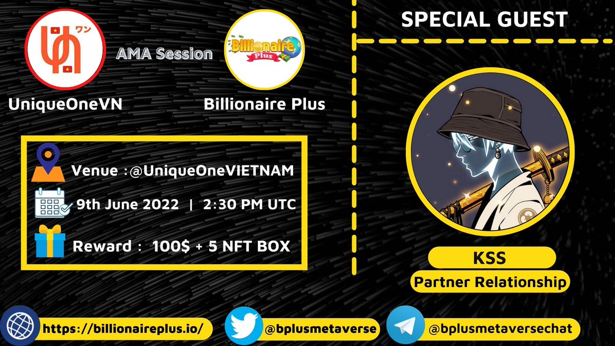 ✅We're pleased to announce our next AMA with t.me/bplusmetaverse…

Venue : t.me/UniqueOneVIETN…

🗓Date : 9th June 2022
⏱Time : 2:30 PM UTC | 21:30 GMT +7

Follow Twitter:
@UniqueVietNams
<a href="/bplusmetaverse/">Billionaire Plus</a>

Like, Retweet, Ask a question and Tag 2 friends. up to 3 questions