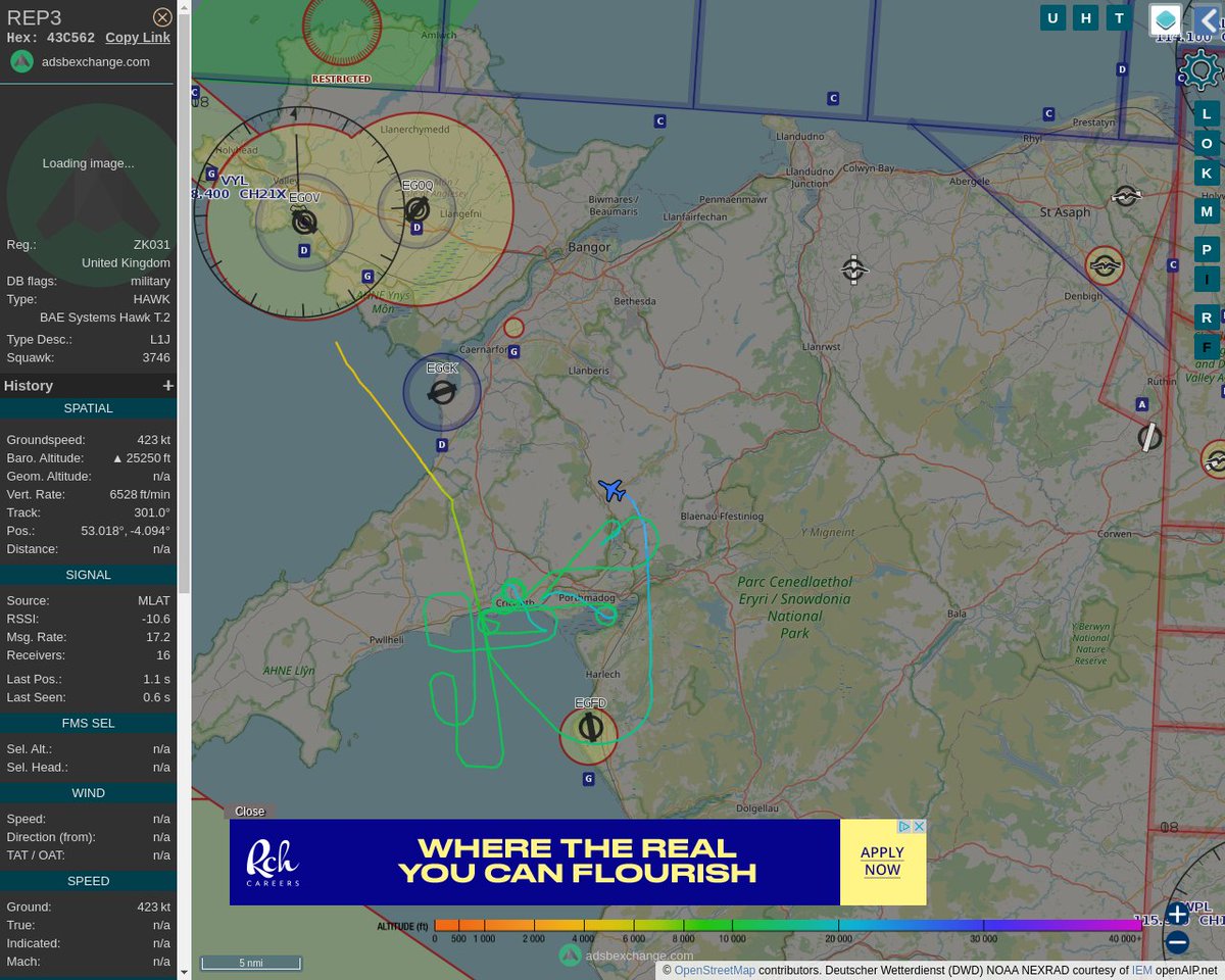 Radar_Assistant's tweet image. MULTI ADSBX MANOEUVRING ALERT : At time Wed Jun  8 14:34:00 2022 #REP3     was likely to be manoeuvring at FL116 12nm from CAE Caernarfon_NDB_GB
 near Criccieth, Gwynedd, Cymru / Wales, LL52 0AG, Unite #AvGeek #ADSB globe.adsbexchange.com/?icao=43C562&amp;amp;z…
