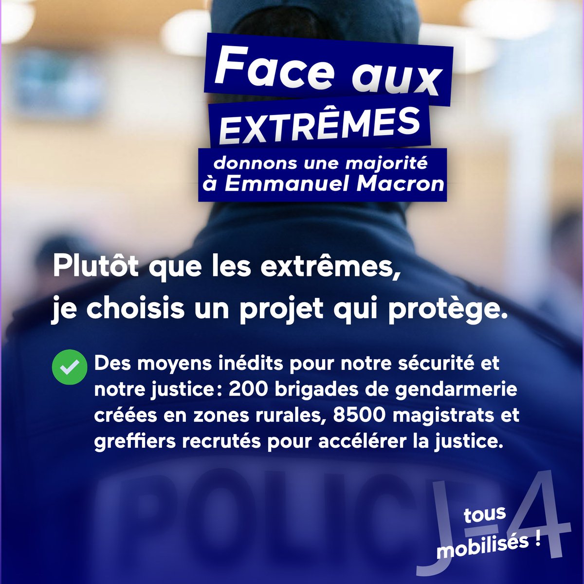 J-4. Dimanche, choisissez une majorité qui fait tout pour vous protéger, non un projet qui joue avec votre sécurité. #EnsembleFaceAuxExtrêmes