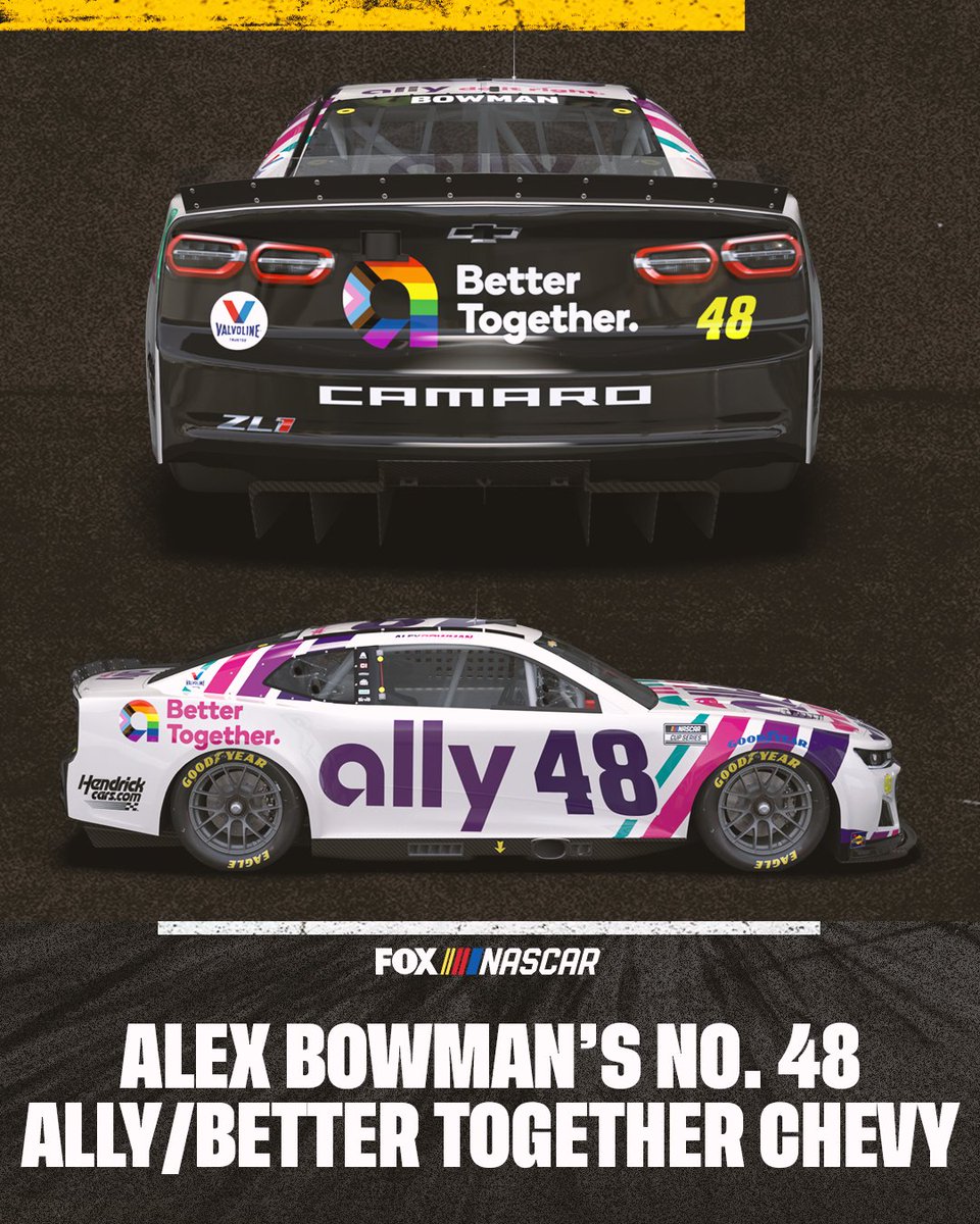 NASCARONFOX's tweet photo. Alex Bowman's No. 48 Ally / Better Together Chevrolet for Sonoma. #NASCAR #PrideMonth https://t.co/yKh2jHWB37