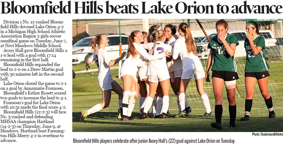 Bloomfield Hills beats Lake Orion in 2022 MHSAA girls soccer regional semifinal . Lead story from studentandathlete.org  (June 8, 2022) 
Michigan's premier source of high school sports news.
@bhswatson
<a href="/bhschools/">BHSchools</a>
<a href="/BlackHawksSocca/">BlackHawks Soccer</a>