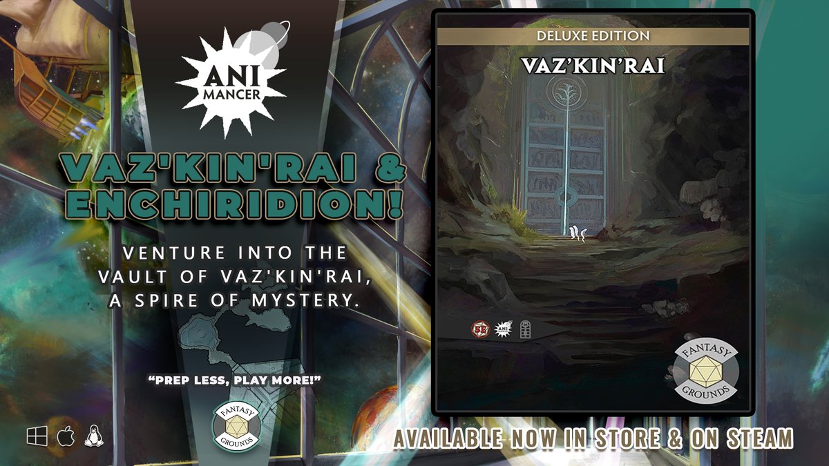New Release
Vaz'kin'rai: Deluxe Edition

Venture into the vault of Vaz'kin'rai, &amp; pour over the Spire's research into its mysterious origins. Take your players on a 1st lvl one-shot &amp; the Enchiridion's contents throughout your larger campaign. 

fantasygrounds.com/store/product.…
<a href="/Anmncr/">Animancer</a>