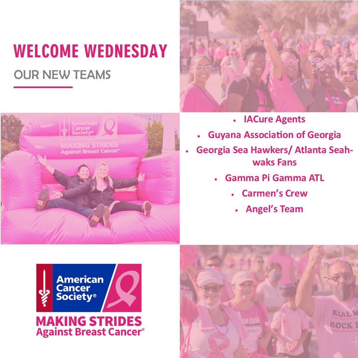 #WelcomeWednesday to some our 2022 Making Strides Teams
Haven't registered for this year's event? Go to MakingStridesWalk.org/Atlanta and sign up today
Don't forget this year's walk is on Saturday Oct. 22nd at Atlantic Station