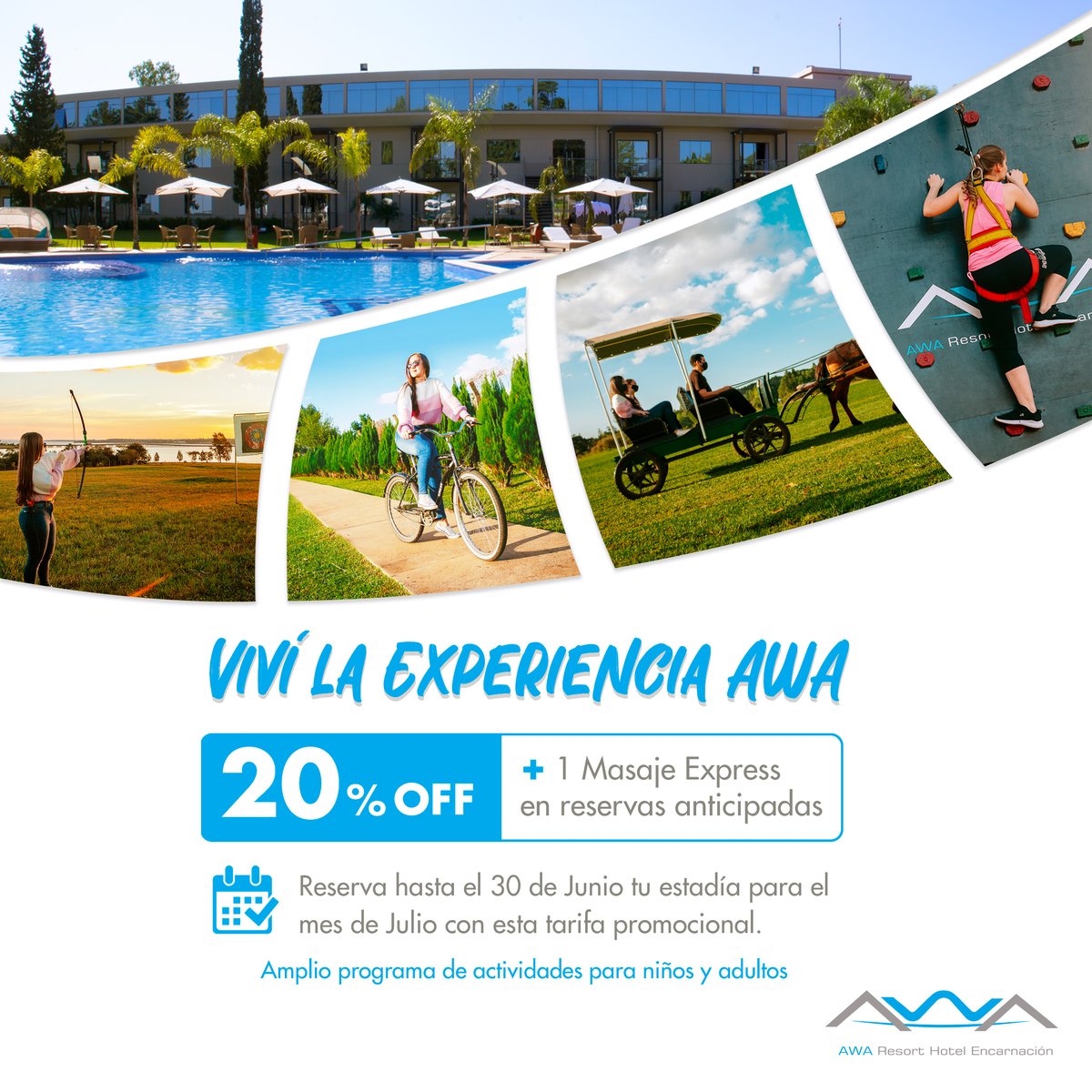 awaresortpy's tweet photo. Viví la experiencia AWA, 20% OFF + 1 Masaje express en reservas anticipadas🎉 Reservá hasta el 30 de junio tu estadía para el mes de julio con esta tarifa promocional 👨‍👩‍👧‍👦🤩

🖱Reservá tu lugar en https://t.co/7aekAU1ZON https://t.co/EZqRkuj1Hc