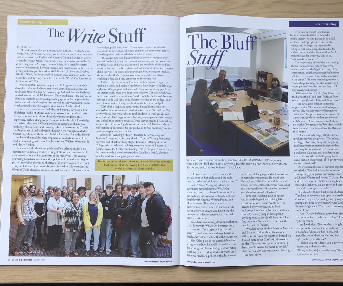 So proud of our English with Creative Writing Degree students @StrodeCollege for achieving a double page spread in the latest @Giles_Adams #WhatsonSomerset . Congratulations to Emily Keen and Rosie Darkin Miller and big thanks to Giles Adams for inspiring & publishing their work!