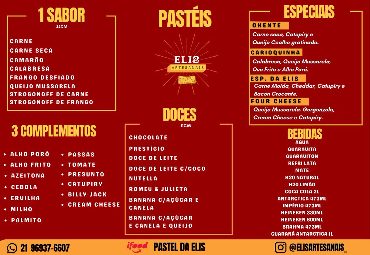 artesanais_elis's tweet photo. nosso cardápio atualizado.. trabalhamos com pastel, hambúrguer e cachorro quente artesanal
#pastel #artesanal #hambuguer #burguer #zonanorte #riodejaneiro https://t.co/PDa9sKSh2d