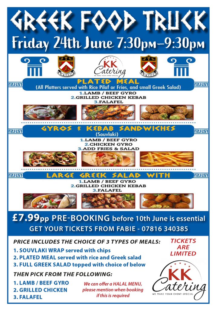 Friday 24th June we are having a 🇬🇷 GREEK FOOD TRUCK 🇬🇷 at the Club 7.30pm - 9.30pm, PRE-BOOKING is essential so please contact Fabie on 07816 340385 or she will be at the Club this Friday night we need to get as many orders as possible to make the night a success