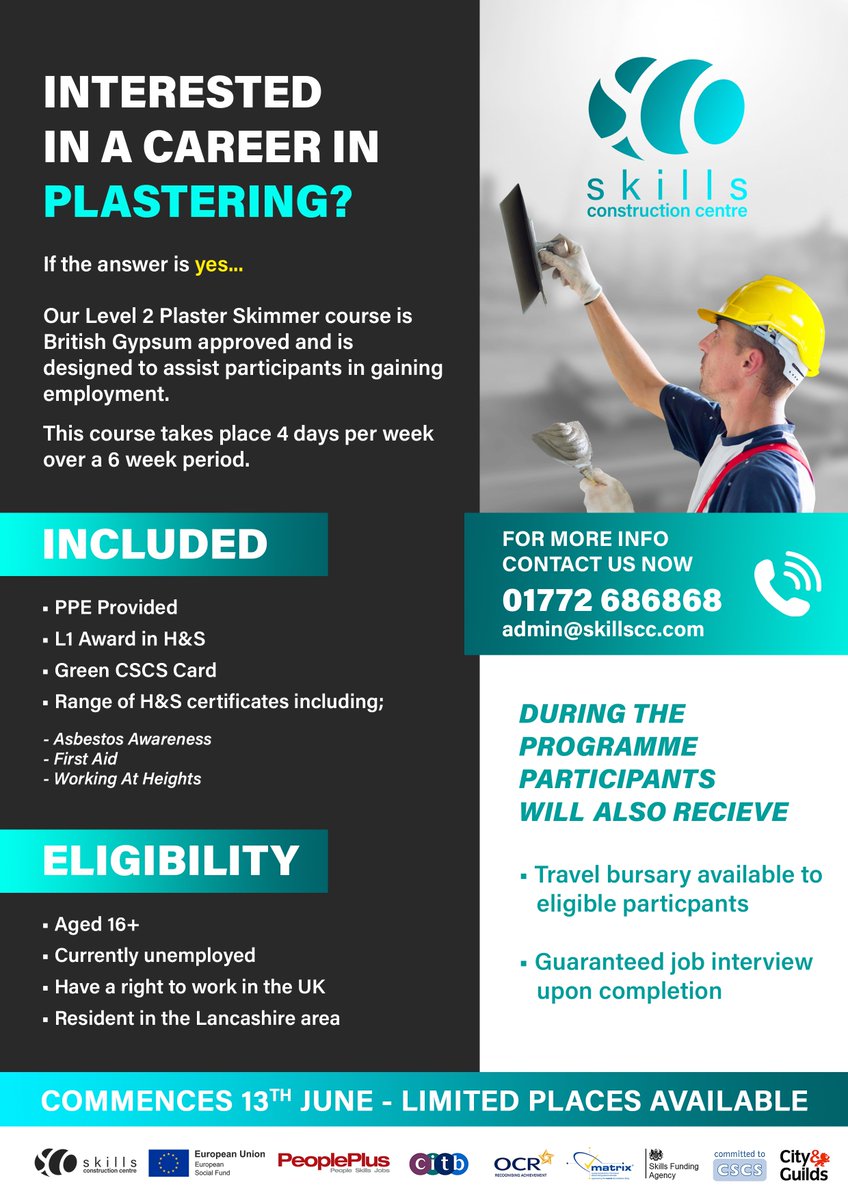 Aged 16+ and currently unemployed?
Contact us now to book your place on our Plastering course! 
Commences on the 13th of June - Limited places available 
Tel - 01772 686868
Email - admin@skillscc.com
#Skillscc #Plastering #Construction #Kirkham #constructiontraining