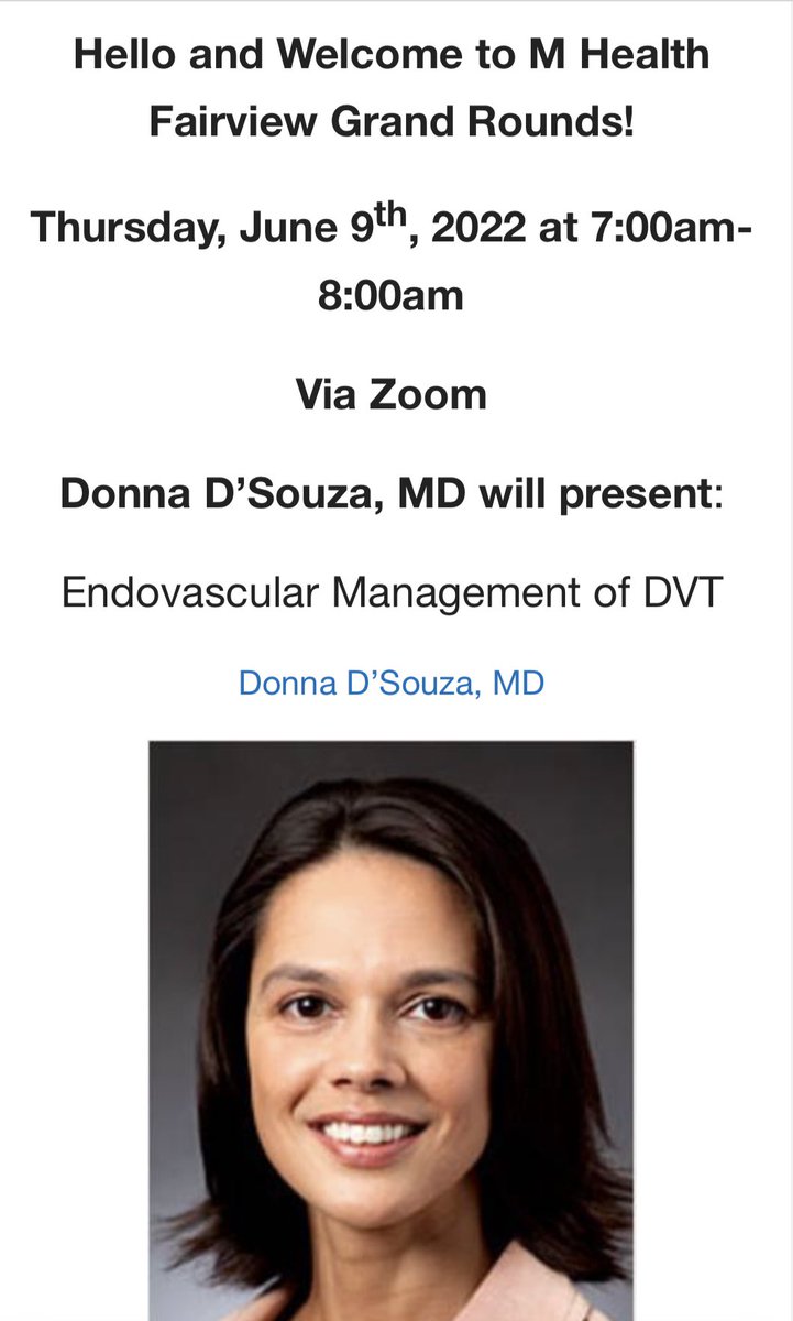 Donna D'Souza MD, FSIR (@donnadsouzamd) on Twitter photo Excited to be presenting at <a href="/MHealthFairview/">M Health Fairview</a> hospital system Grand Rounds tomorrow!
#IRad #twittIR #clotwarrior #DVT #VTE <a href="/UMNRadiology/">U of MN Radiology</a> Excited to be presenting at <a href="/MHealthFairview/">M Health Fairview</a> hospital system Grand Rounds tomorrow!
#IRad #twittIR #clotwarrior #DVT #VTE <a href="/UMNRadiology/">U of MN Radiology</a>