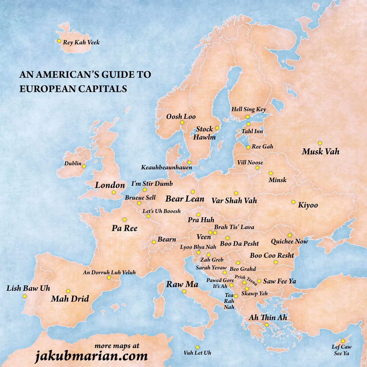 This is tons of fun. Map shows the correct local pronunciation of European capitals for English speakers. I found myself reading through all of them, agreeing with many and shaking my head at some. Source: buff.ly/2uEKDCN