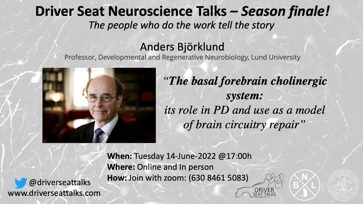 driverseattalks's tweet image. As we round up this season's talks, we invite professor Anders Björklund to give a personal in-house account of his research on the basal forebrain cholinergic system!🧠

Join us for this exciting Midsummer Special on Tuesday 14-June-2022, 17:00h CEST!

#neuroscience #OpenScience