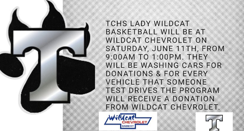 tcladywildcats's tweet photo. We will be having a fundraiser this Saturday, June 11, from 9-1 at Wildcat Chevrolet. Come on out and bring your car to be washed for donations, and then test drive one of the vehicles on the lot. The program will receive a donation from Wildcat Chevrolet for every test drive. https://t.co/m0zQk5B2pj