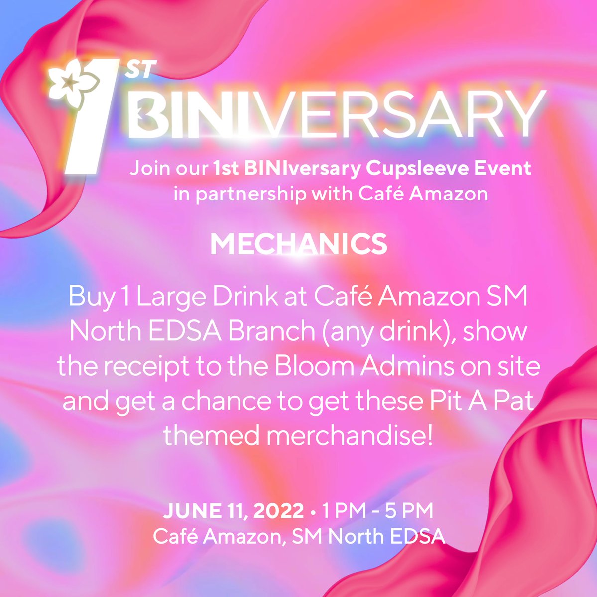 Hayo Blooms! 🌸 As part of our celebration for #BINIversary on June 11, we will be giving away Pit A Pat Cupsleeve Sets and other freebies on June 11 at the <a href="/BrightcoastA/">Brightcoast</a> SM North EDSA branch! Check out the mechanics below! 

Until supplies last! 💜

Hope to see you! #BINI