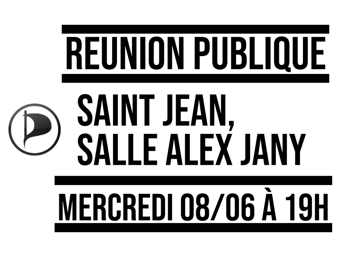 #legislatives2022 : Réunion publique avec les candidats du @PartiPirate en #HauteGaronne, ce mercredi 8 juin 2022, à 19h, Salle Alex Jany à Saint Jean.
#circo3102 #circo3105 #circo3106 #circo3107 #circo3109